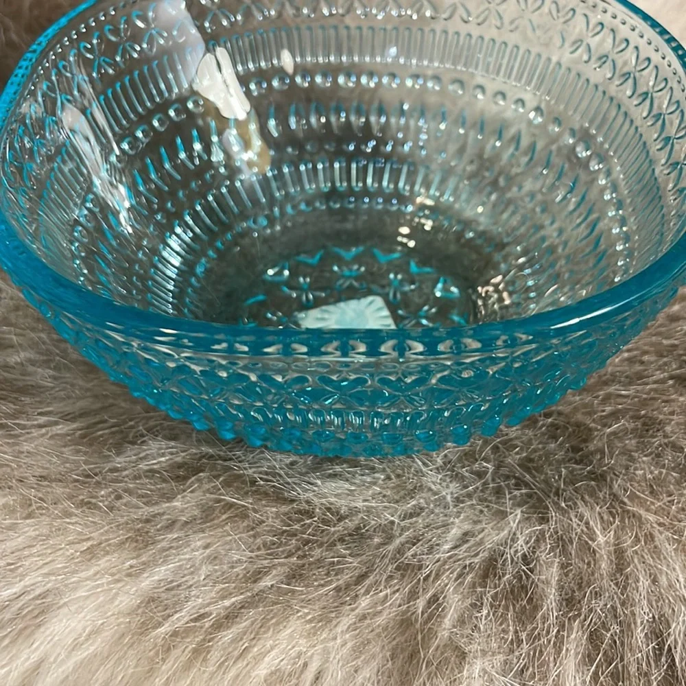 NWT Crate & Barrel Aqua Pressed Glass Phoebe Yogurt Bowl